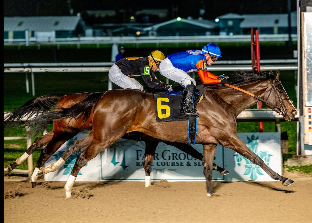 Margie's Intention leads home a Brendan Walsh Racing exacta at the Fair Grounds night racing